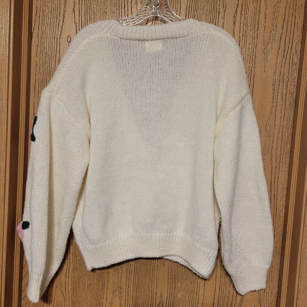 Luna Ivy Ivory Cardigan With Pale Pink 3D Crochet Puff Flowers. Size M. Cozy. - Picture 2 of 12
